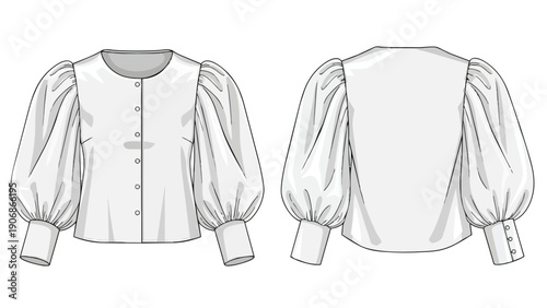 A precise technical fashion flat illustration depicting the front and back of a stylish women's blouse with fashionable puff sleeves and elegant