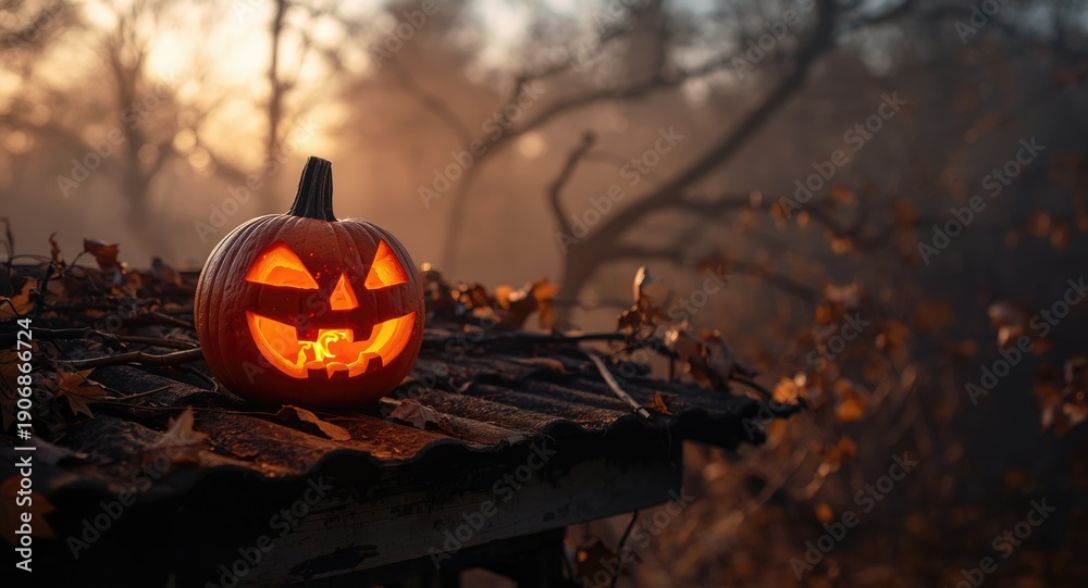 Naklejka premium Glowing Halloween pumpkin with carved face on garden shelter roof in autumn