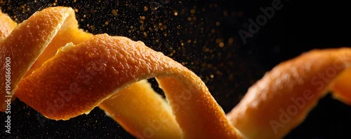 Obraz  z motywem Fresh orange peel being twisted, oil mist visible, strong citrus scent implied