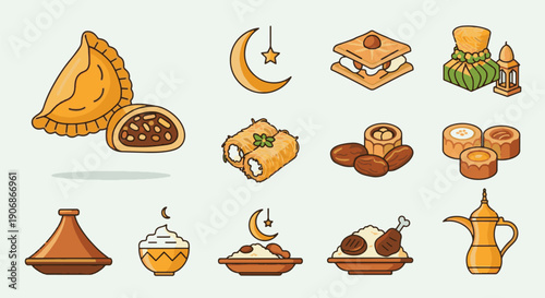 Ramadhan Kareem icons of food, dates, and lanterns for festive celebrations
