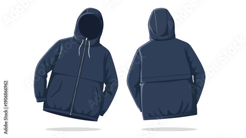 Versatile dark blue hooded sweatshirt front and back views a detailed flat illustration perfect for casual apparel design and fashion mockups
