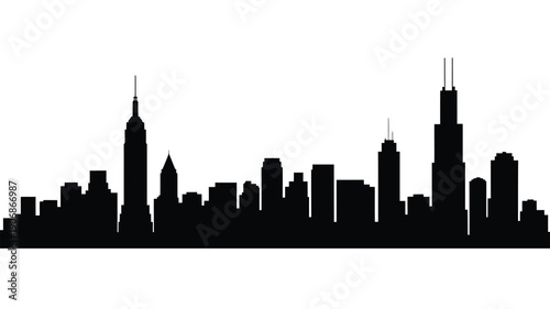 A stark black silhouette depicts a modern city skyline against a white background