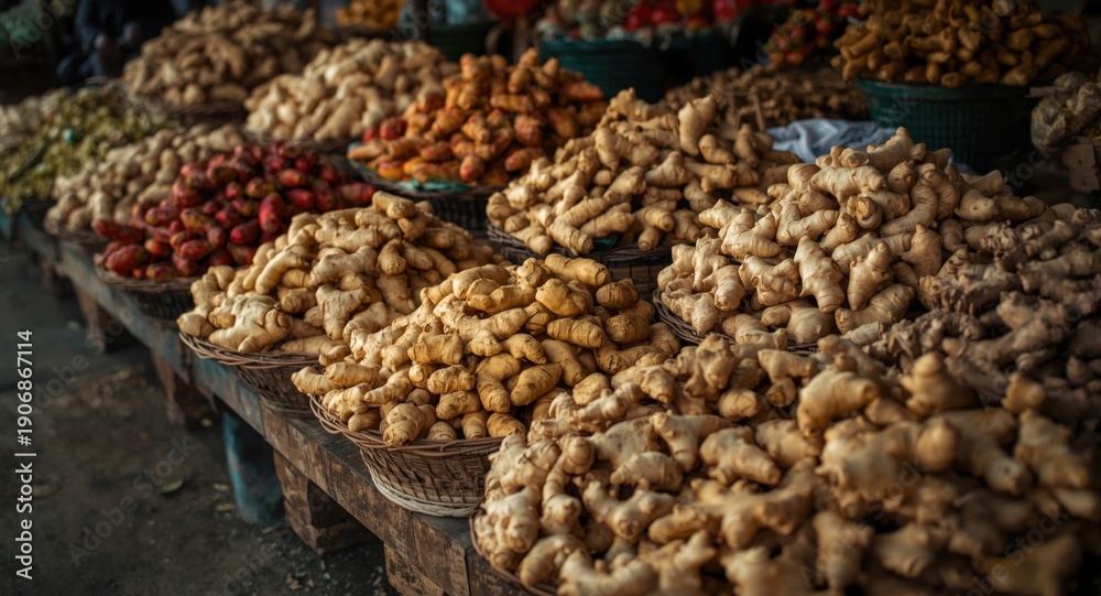 Fototapeta premium Farm market selling diverse fresh ginger root varieties
