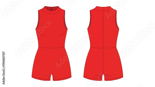 This stylish sleeveless high-neck red romper offers a sleek modern design perfect for warm weather fashion. Its clean lines provide a versatile base