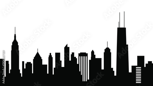 A striking black silhouette depicts a modern city skyline at twilight