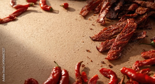 Freshly spiced dry beef jerky biltong and hot chili peppers laid out with copy space background