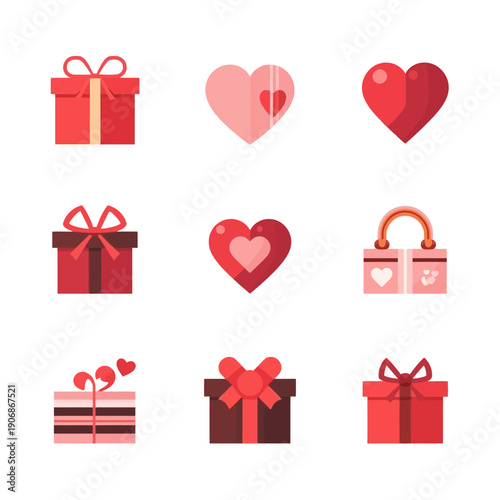 Collection of various gift boxes and hearts in shades of pink and red, perfect for Valentine's Day and romantic occasions