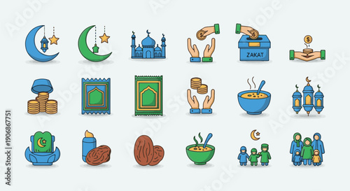 Celebrate the spirit of Ramadhan Kareem with this vibrant collection of Islamic icons, perfect for illustrating traditions and community during the holy month