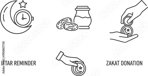 Ramadhan Kareem Icons Iftar Reminder, Zakat Donation, Dates and Halal Food