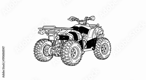Detailed black and white illustration of a four-wheeled ATV vehicle on a white background