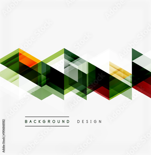 Abstract geometric shapes create dynamic pattern. Overlapping triangles form modern design, utilizing green, orange, black hues. Minimalist aesthetic.