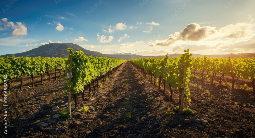 Naklejka premium Agricultural landscape highlighting grape cultivation on rough volcanic ground with bright atmosphere