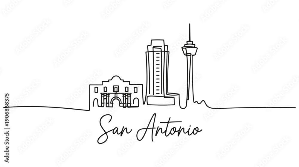 Obraz premium Continuous line drawing of san antonio skyline with prominent tower and building