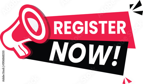 A bold graphic illustration of a megaphone with a red and black banner reading REGISTER NOW!