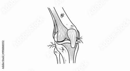 Detailed sketch of human knee anatomy showing bones, muscles, and ligaments