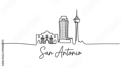 Continuous line drawing of san antonio skyline with prominent tower and building