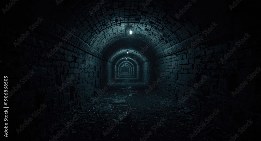 Fototapeta premium Dark underground tunnel inside basement resembling a chilling dungeon passage