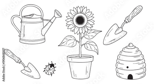 Black and white vector illustration with garden tools, a sunflower in a pot, and a ladybug, perfect for springtime designs and gardening themes.