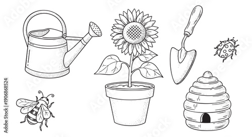 A hand-drawn style black and white illustration features gardening elements, including a sunflower, watering can, beehive, and gardening tools, suitable for coloring pages or educational materials.