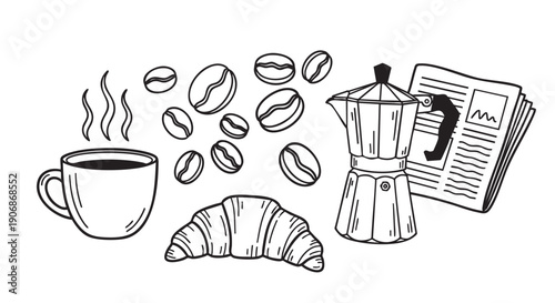 Black and white illustration of a coffee cup, croissant, coffee maker, beans, and newspaper, creating a cozy, breakfast time or coffee shop mood.