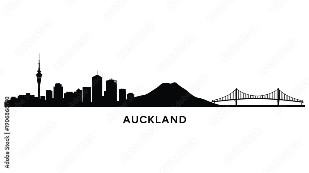Obraz premium Auckland skyline silhouette featuring the Sky Tower harbor bridge and Mount Eden