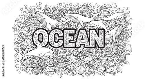 Black and white doodle of ocean life featuring whales, dolphins, fish, and coral, suitable for coloring books, textiles and prints.