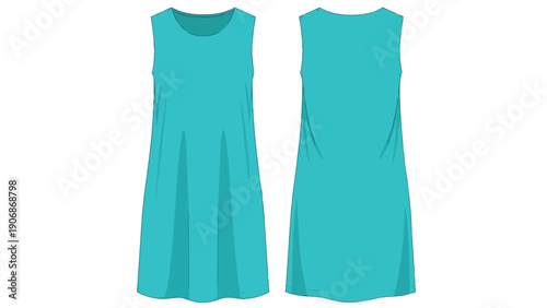 Sleeveless teal dress technical fashion flat sketch featuring distinct front and back views ideal for apparel designers and clothing manufacturers