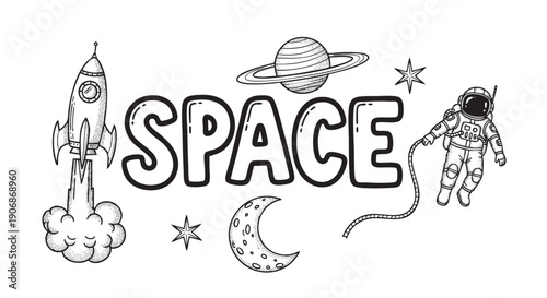 Black and white hand drawn cartoon illustrations of space elements, including a rocket, moon, astronaut, and planet Saturn, isolated on a white background.