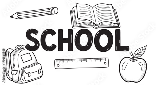 Monochrome illustration featuring school supplies, including a backpack, book, apple, ruler, pencil, and the word "School," ideal for back-to-school designs.