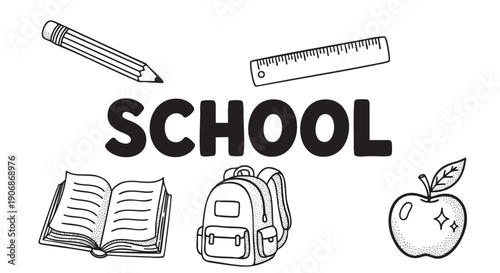An illustration of school supplies and the word "School" on a white background perfect for posters and advertisements. The drawing features a pencil, book, and backpack.