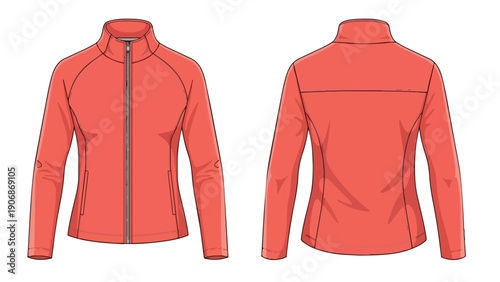 Detailed technical illustration of a vibrant coral women's athletic jacket, showcasing front and back views with precise stitching and design