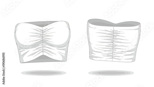 Detailed technical drawing of a ruched strapless bandeau crop top showcasing front and back views a versatile fashion garment illustration for