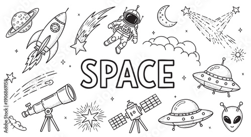 Black and white doodle elements representing space exploration and astronomy, including a rocket, astronaut, telescope, and alien, providing a fun and educational design.