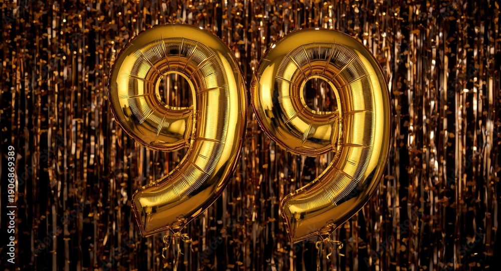 Naklejka premium Gold foil number ninety balloons glowing against a background of sparkling confetti for birthday