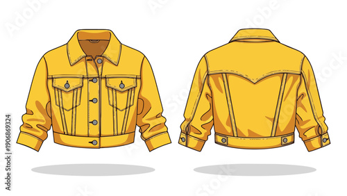 Vibrant yellow cropped denim jacket flat lay illustration showing front and back views