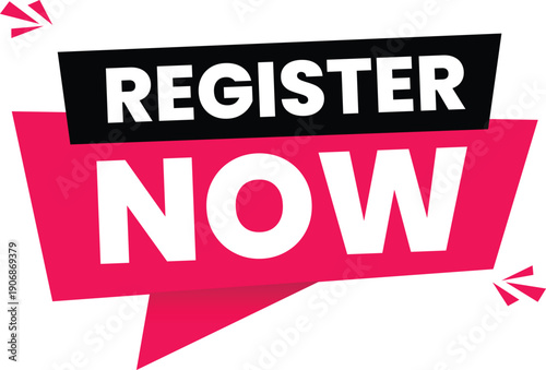 A bold and eye-catching graphic with a pink and black banner that reads 'REGISTER NOW'