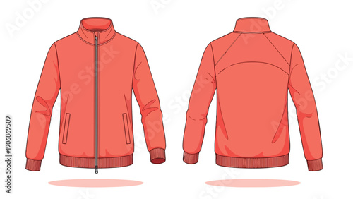 Modern athletic coral jacket illustration front and back view showcasing stylish casual outerwear for design projects and fashion flat sketches