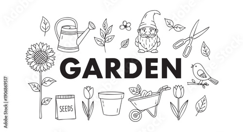 Line art illustration of various garden tools and plants on white background, perfect for gardening themed designs and projects.
