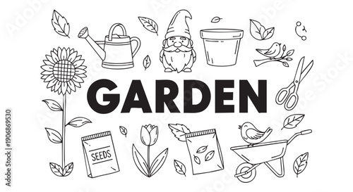 Black and white line art depicts gardening elements and tools in a whimsical illustration, perfect for educational projects or decorative designs.