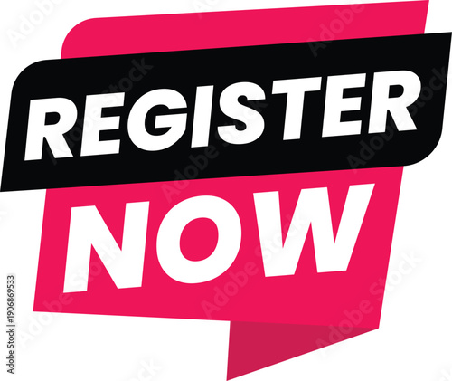 A bold and eye-catching graphic with a pink and black banner that reads 'REGISTER NOW' on a white background