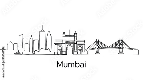 Linear illustration of mumbai s skyline featuring the gateway of india and bridge