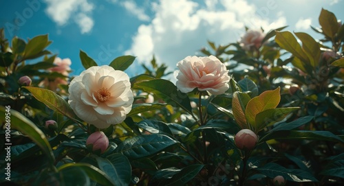 Glowing camellia flowers em...