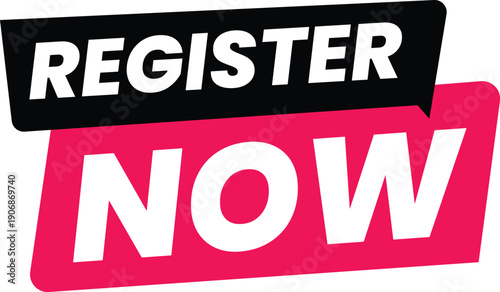 A bold and eye-catching graphic with a pink and black banner that reads 'REGISTER NOW' on a white background