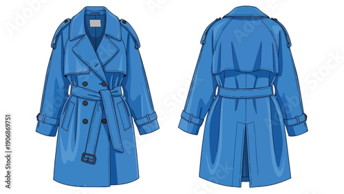 Elegant cerulean trench coat illustration featuring detailed front and back views a sophisticated apparel template perfect for modern fashion design