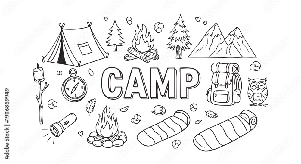 Naklejka premium Whimsical black and white doodle illustration showcasing camping elements like a tent, fire, mountains, and sleeping bags, suitable for educational or recreational projects.