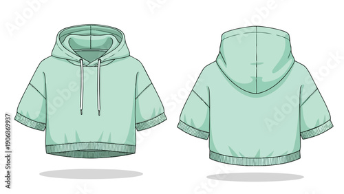 Mint green short-sleeved cropped hoodie vector flat illustrating front and back views for technical design specifications, perfect for modern