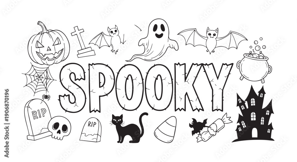 Fototapeta premium Whimsical hand-drawn black and white Halloween doodle elements including pumpkins, ghosts, bats, spiders, and spooky haunted house creating festive mood for coloring books, party invitations.