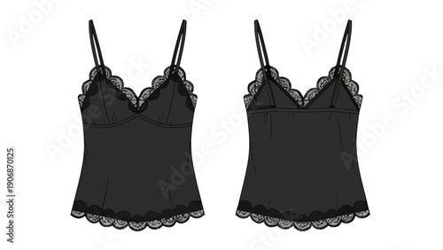 Elegant black camisole with delicate lace trim front and back views for fashion design and apparel illustration
