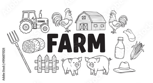 Whimsical black and white line art illustration featuring a farm scene with animals, tractor, hay bale, barn, and other farm objects. Great for coloring books or educational materials.