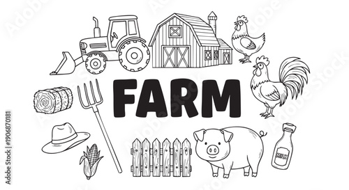Line art illustration of farm animals, a tractor, and farm elements, perfect for a children's coloring book or farm-themed educational materials.